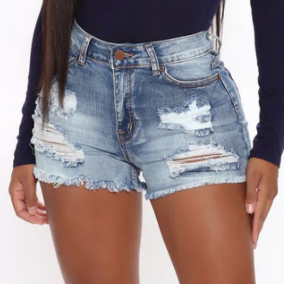 Fashion Nova | Distressed Denim Shorts | Small | Medium Blue Wash - Picture 1 of 10